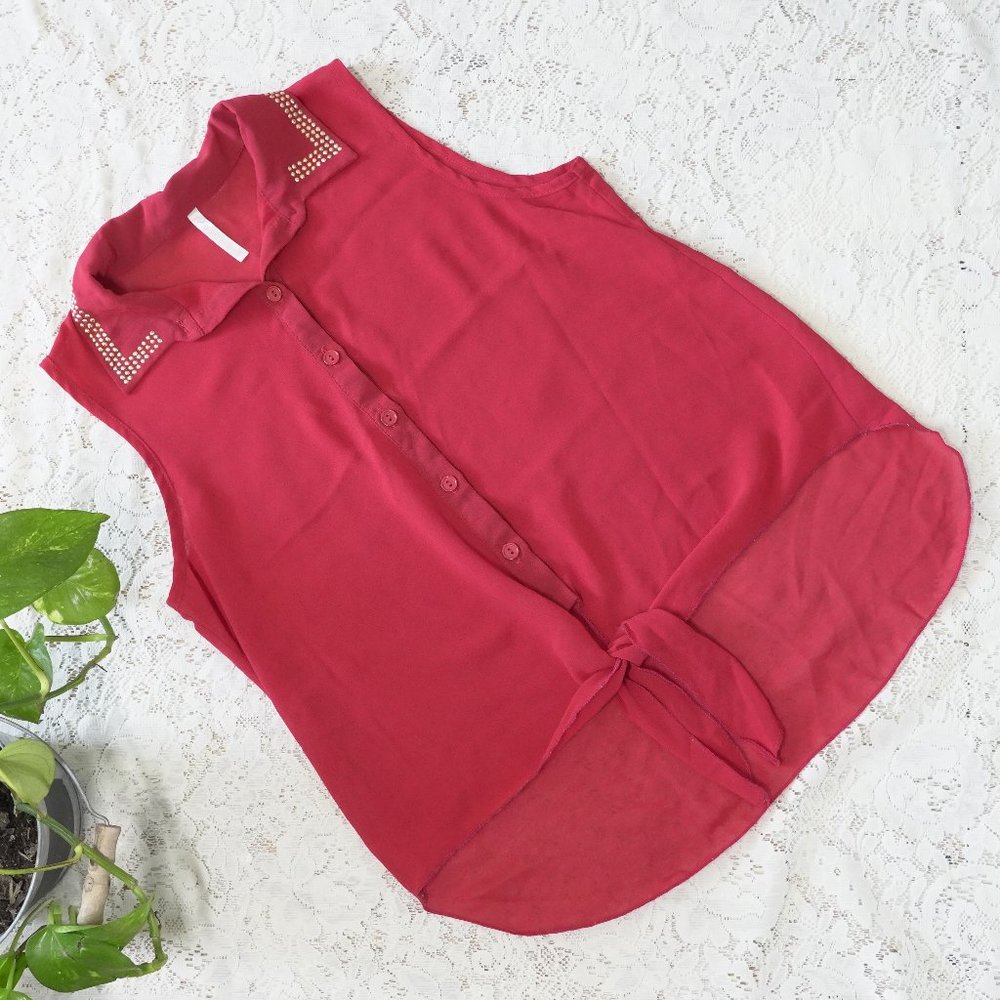 Tovia Red Gold Hi-Lo Sleeveless Button Down Blouse
